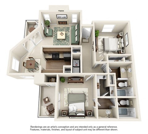 Floor plan for 2 beds, 2 baths, 900 sqft